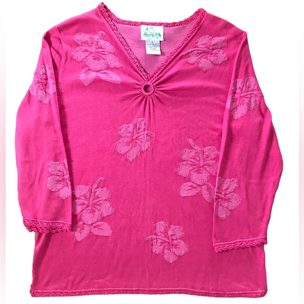 Pink silk v neck crochet trim Hawaiian floral beaded pullover summer sweater